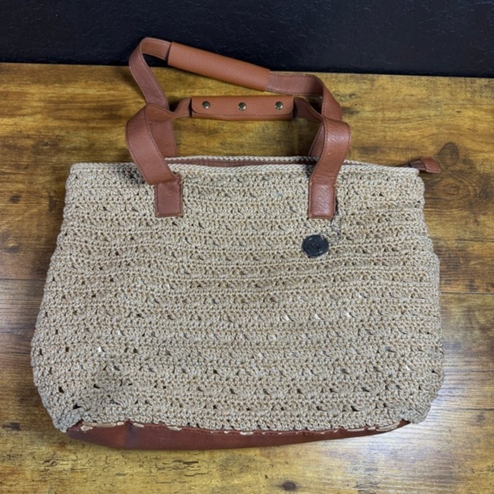 The Sak Crochet Beige Tan Polypropylene Leather Trim Tote Bag Women Medium